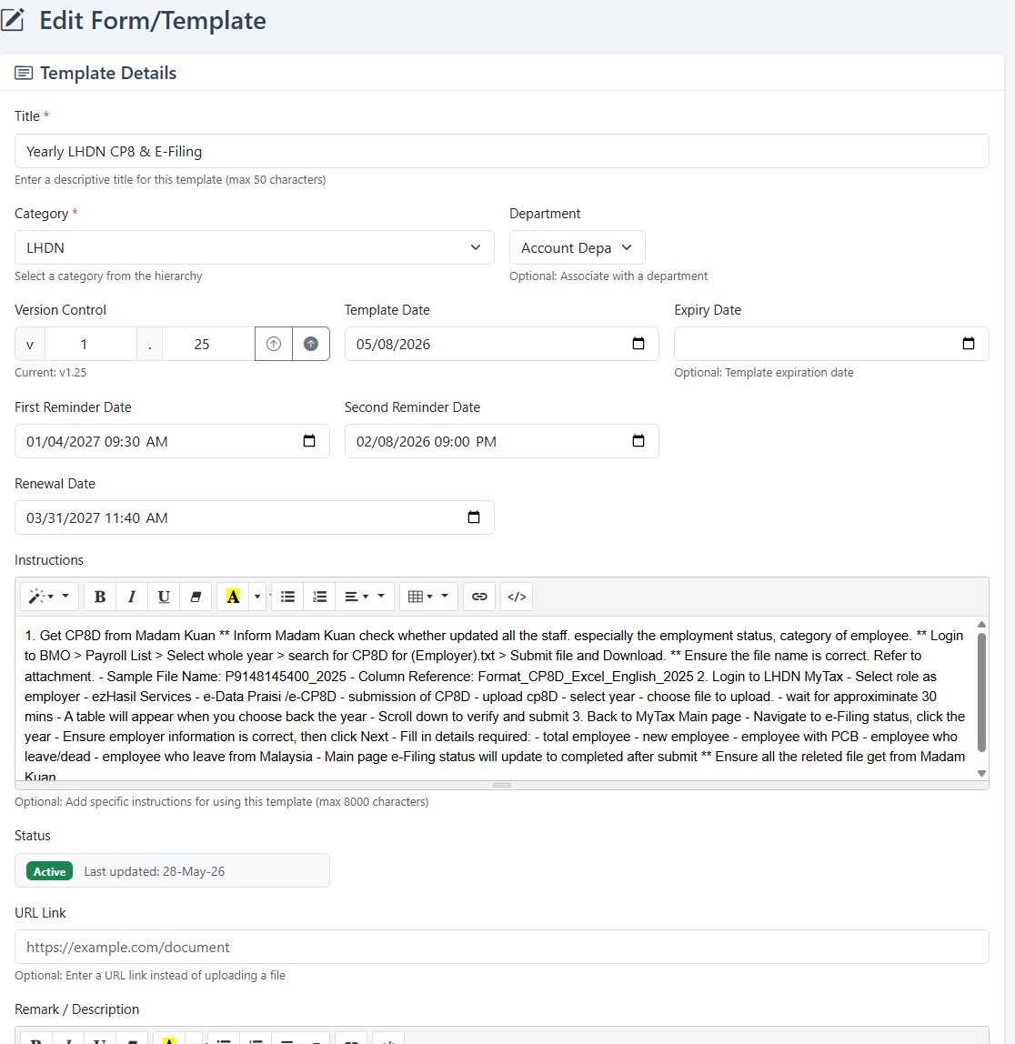 Assets, Renewals & Government Legislation software screen